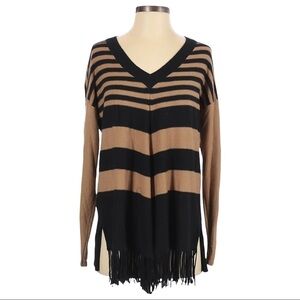 Jamison V-Neck Stripe Fringe Boho Angora Cashmere Pullover Sweater Size S